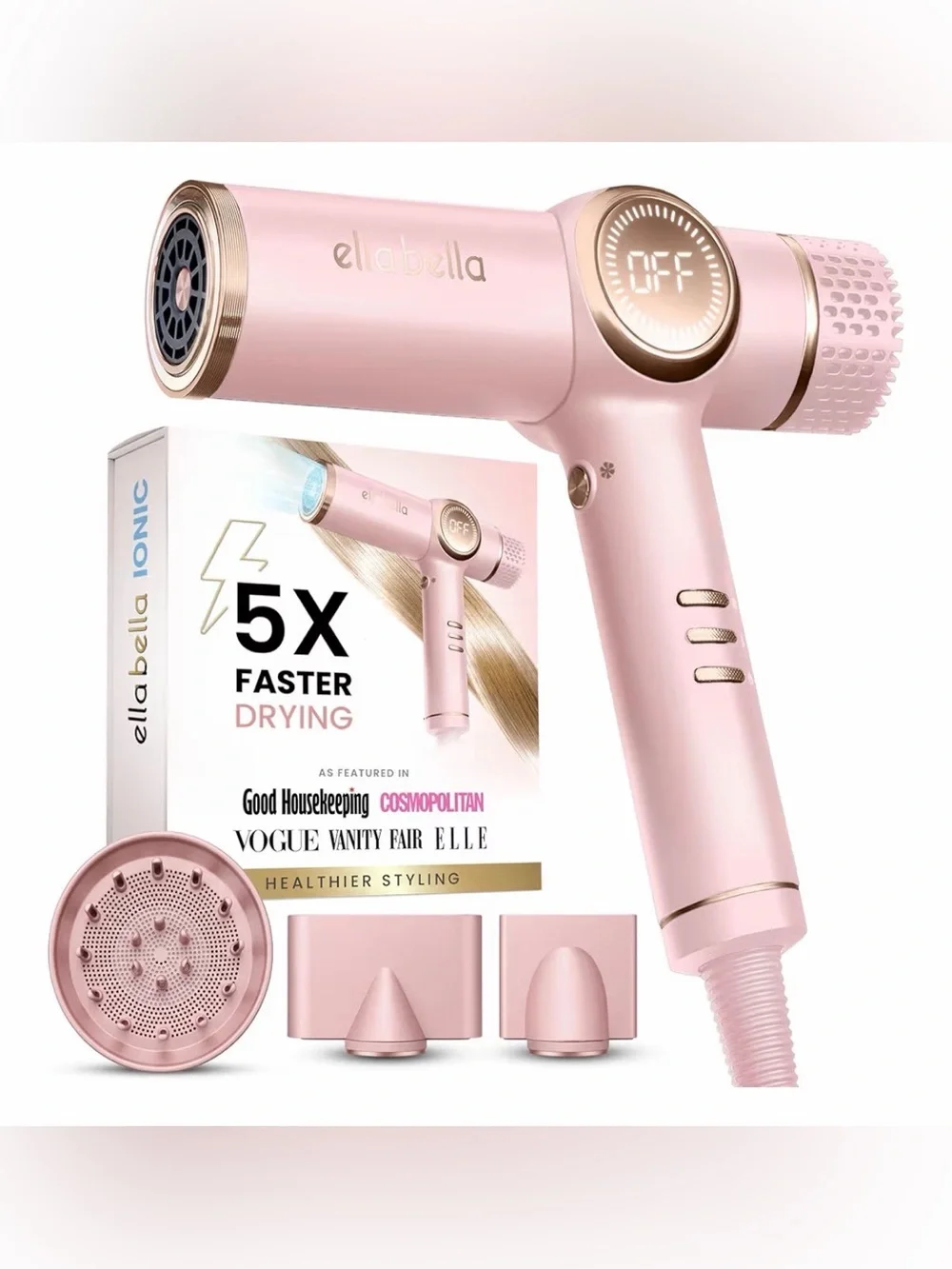 ELLA BELLA® Professional Ionic Hair Dryer with Diffuser, Negative Ion Blow Dryer